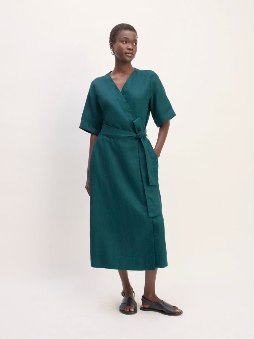 Everlane dark teal THE WRAP DRESS IN LINEN size small